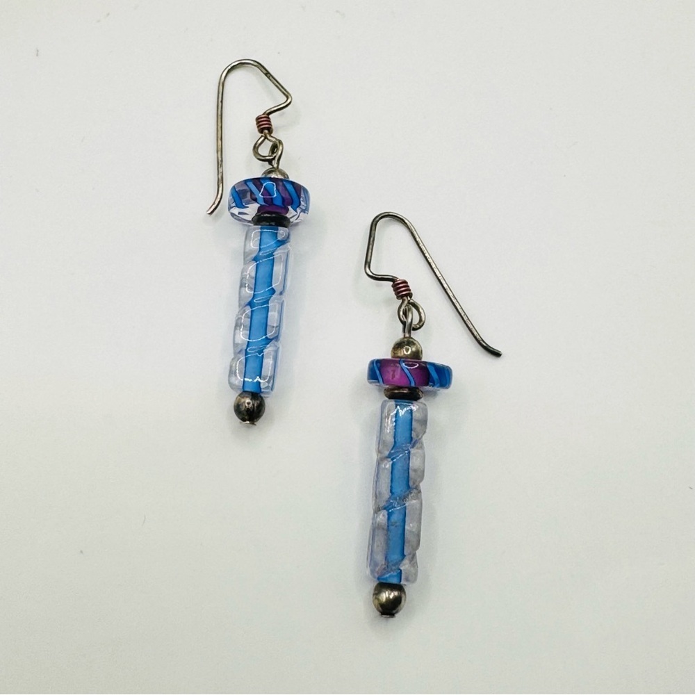 Furnace Glass Dangle Earrings | Blue & Purple Artisan Beads Boho Handmade Style - Picture 2 of 7